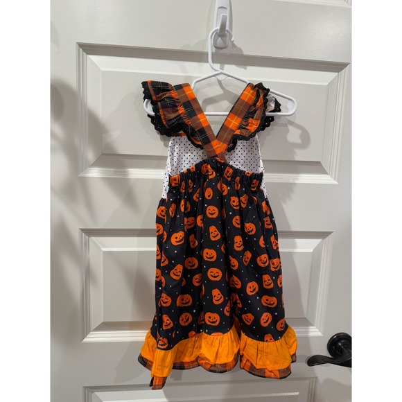 New Abby & Evie Halloween Dress Girl's Size 3 Pumpkin Plaid Polka Dot Party Lace - Picture 3 of 6